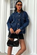 Yaka Siyah Garni Pul Payet Taşlı Oversize Denim Ceket 6125 resmi